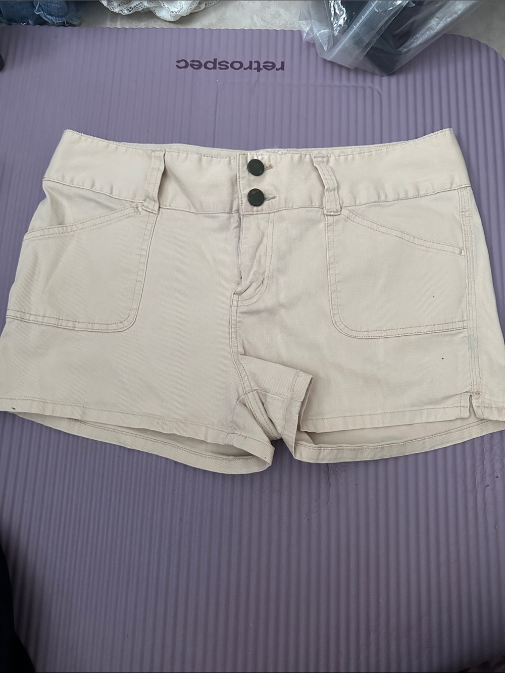 Copper Key Cream Low-Rise Cotton Blend Jean Shorts